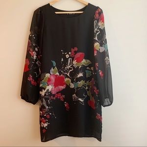 SHEIN | Black Floral Sheer Sleeve Shift Dress